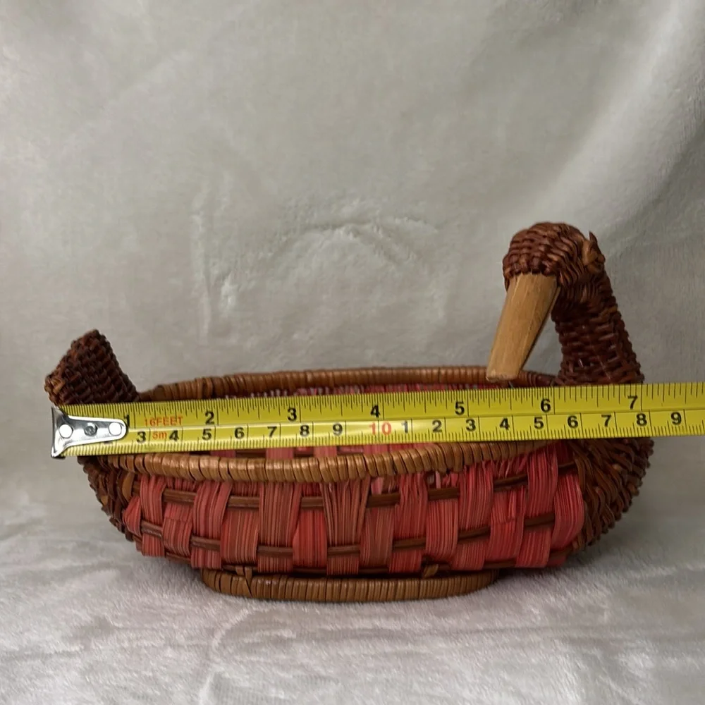 Vintage Woven Wicker Duck Basket Pink and Brown with Wood Bill Key Holder Shelf